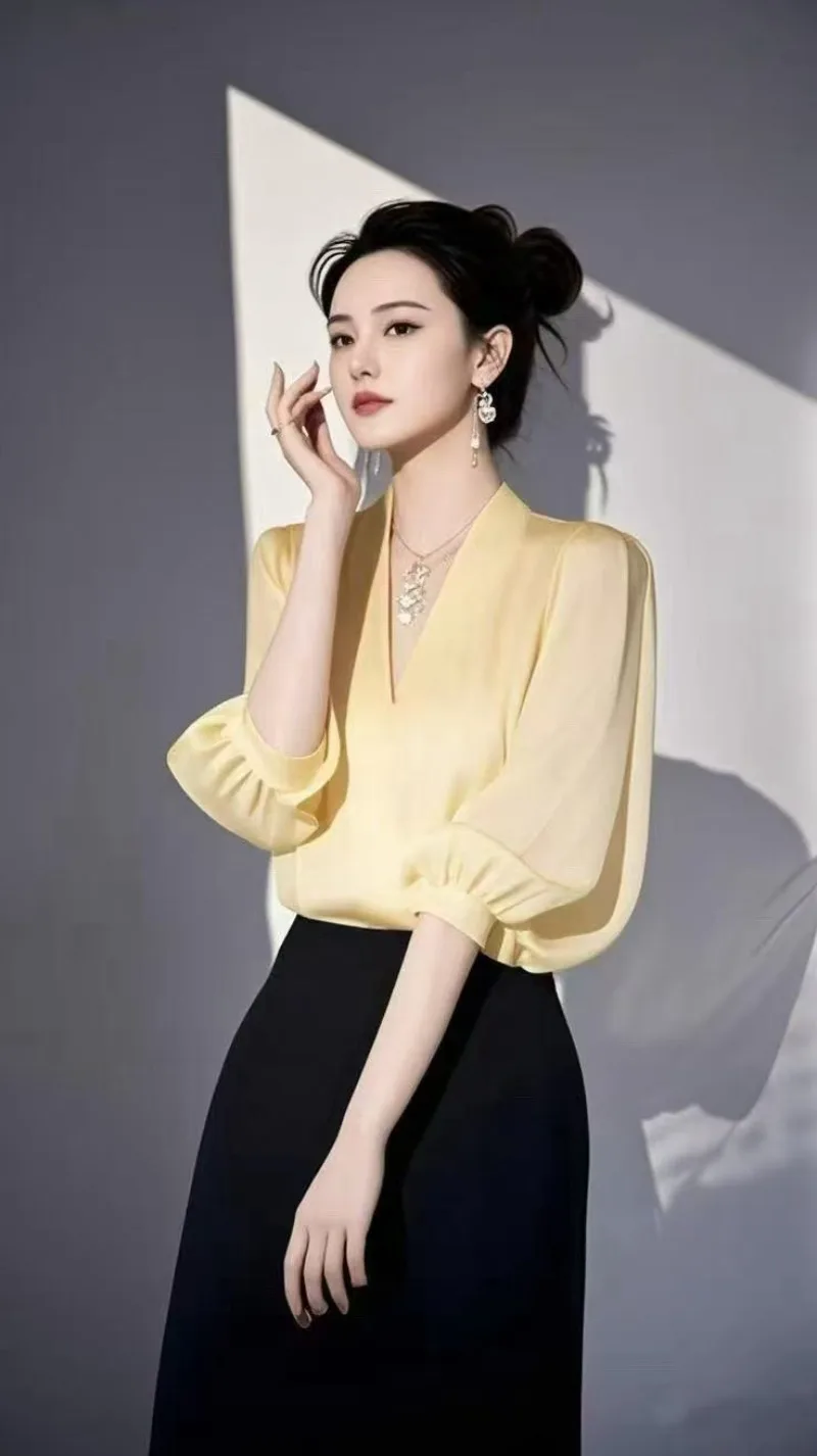 빈티지 여성 블라우스 쉬폰 셔츠 패션 슬림 여름 V넥 한국 의류 반팔 노랑 여성 상의