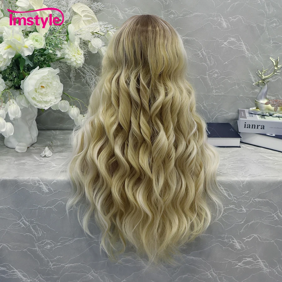 Imstyle-peluca rubia sintética con malla frontal para mujer, parte en T, raíz oscura, pelucas diarias, fibra resistente al calor, rayita Natural