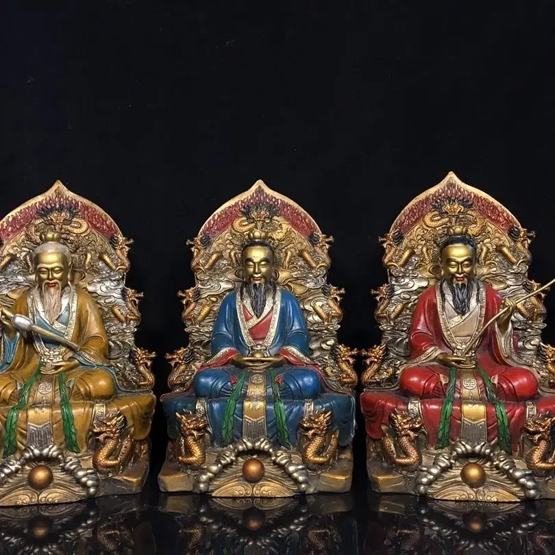 Seiko pure copper painted Buddha statue Sanqing width 18cm high 28.5cm thick 12 total weight about 9.9kg