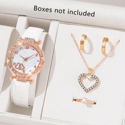 Women's White Rhinestone 5PCS/Set Quartz Watch And Alloy Jewelry Set With Heart-Shaped Elements As A Mother's Day Gift