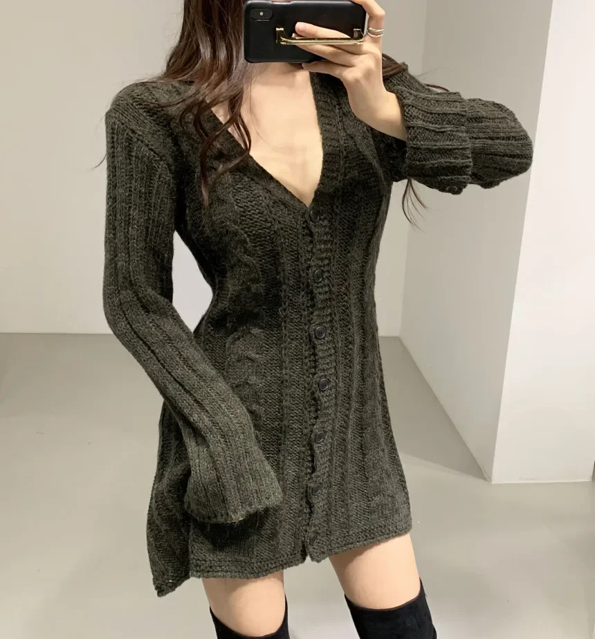 Vestido de camisola para mulheres manga longa cabo malha botão para baixo mini vestido de malha para mulheres adolescente outono inverno roupa chique