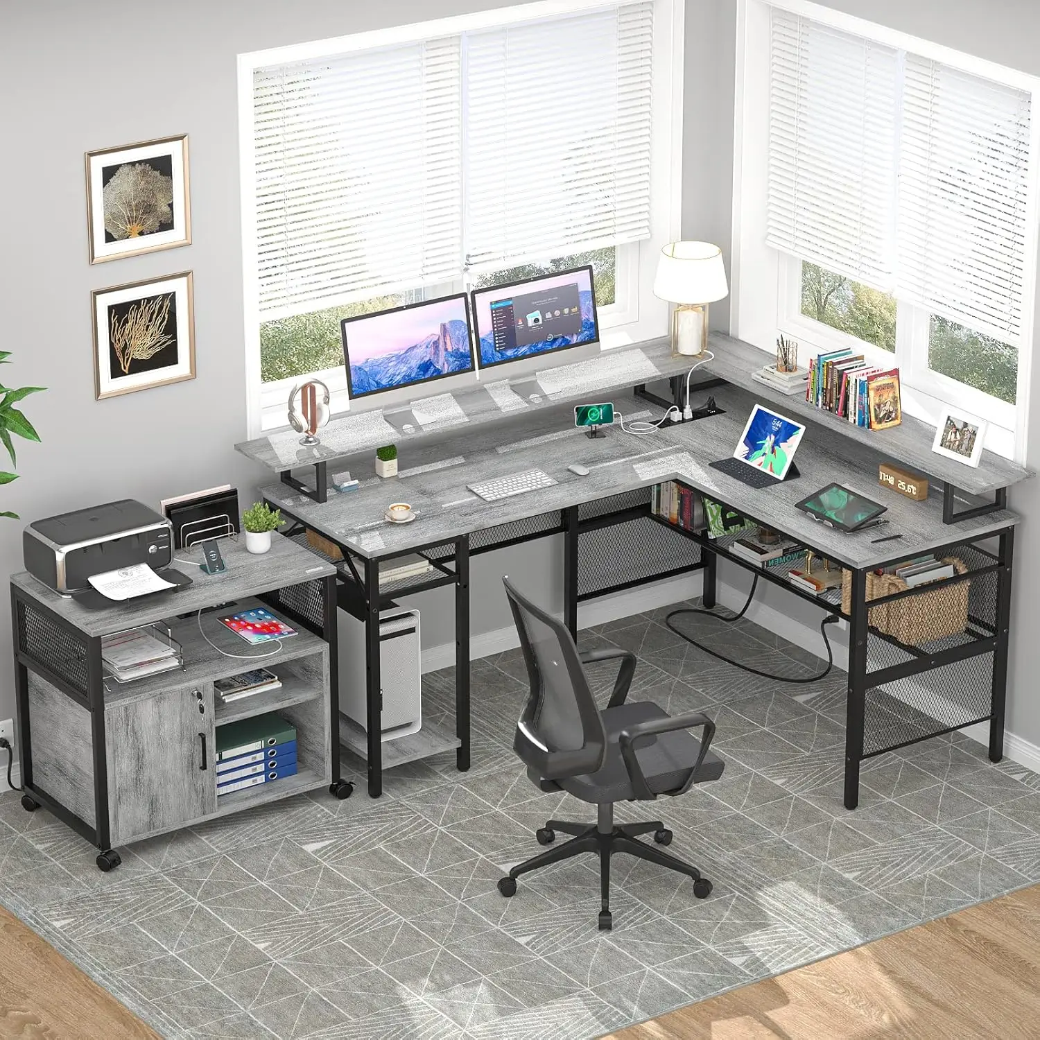 L Shaped Computer Desk, Reversible Corner Desk with Power Outlet and LED Strip, L- Shaped Gaming Table