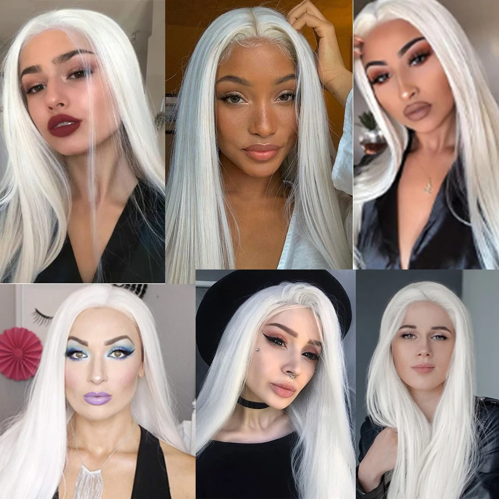 Voguequeen Platinum White Synthetic Lace Front Wig Long Straight For Women Heat Resistant Fiber Natural Hairline Cosplay Wigs