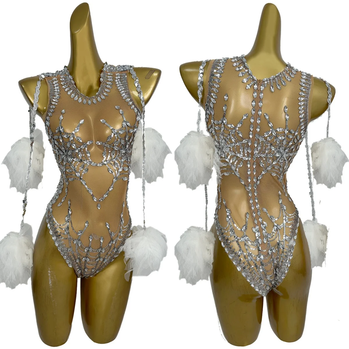 Sparkly Rhinestone See Through Mesh Bodysuit Nightclub Party Festival Celebrate Dance Stage Performance Wear Sexy Women Catsuit