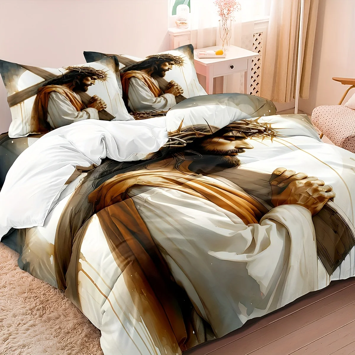 3pcs Jesus Carrying Cross Comforter Set - Soft Polyester, Machine Washable, Zip Closure, All-Season Comforter with Pillowcases