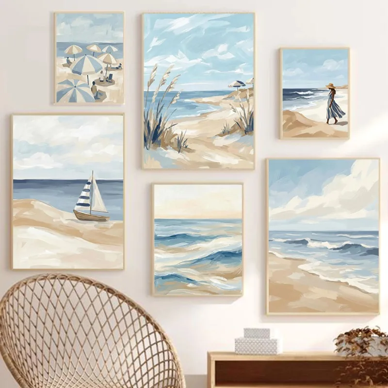 Impression sur toile murale Côtier Tranquille, Paysage de plage bleu beige doux, Peinture de voilier, Affiche de paysage serein, Décoration moderne pour la maison
