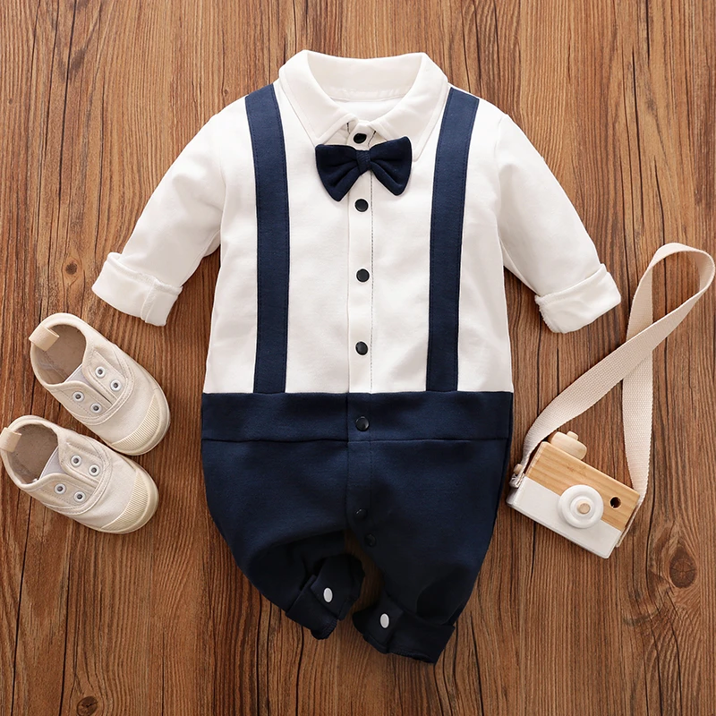 Spring And Autumn Style Boys And Girls Handsome Gentleman Outgoing Formal Dress Cotton Comfortable Long Sleeve Baby Bodysuit