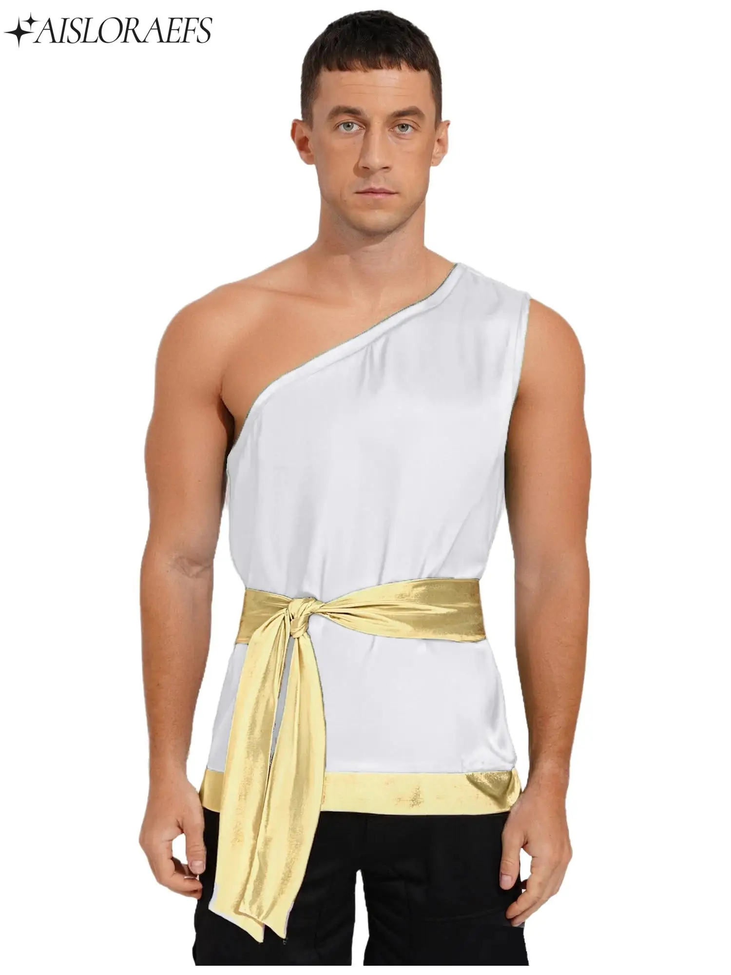 

Men Liturgical Praise Dance Top with Lacing Waist Belt Sleeveless One Shoulder Satiny Shirt Top for Worship Lyrical Dance Stage