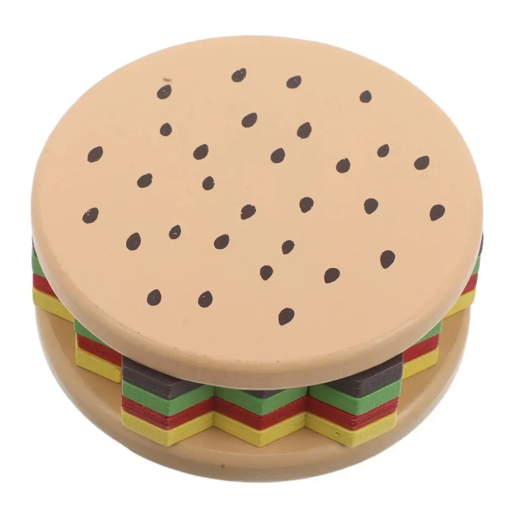 Creative 3D Burger ปริศนาของเล่นแขนหกเหลี่ยมคอลัมน์สีความรู้ความเข้าใจแฮมเบอร์เกอร์ปริศนาอาคารของเล่นไม้บล็อกรูปทรงเรขาคณิต