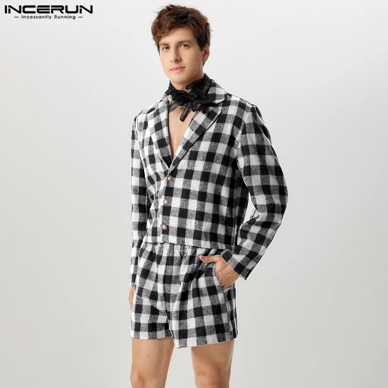 INCERUN 2024 American Style Fashion Sets Men Long Sleeved Suit Coat Shorts Handsome Male Personality Grid Pattern Two-piece Sets