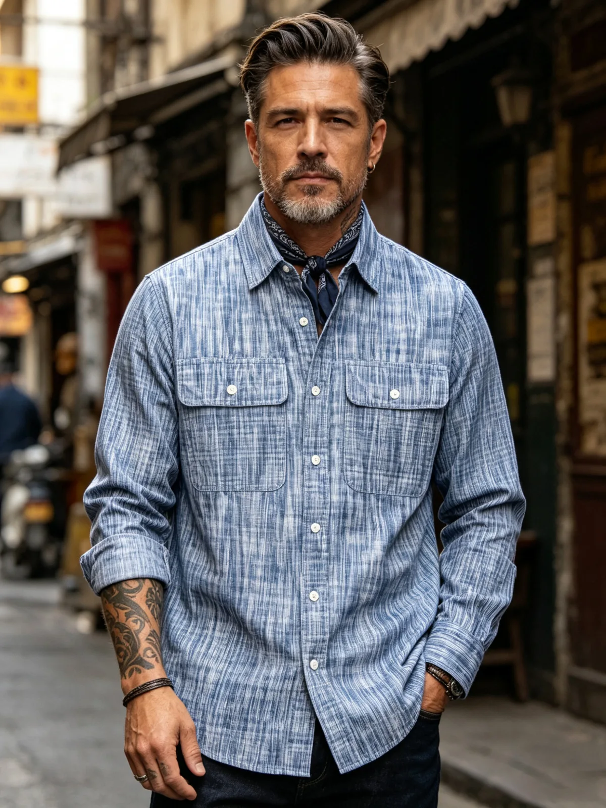 OKONKWO Japanese-style Kasuri woven work shirt, Americana-style rain pattern long-sleeved shirt