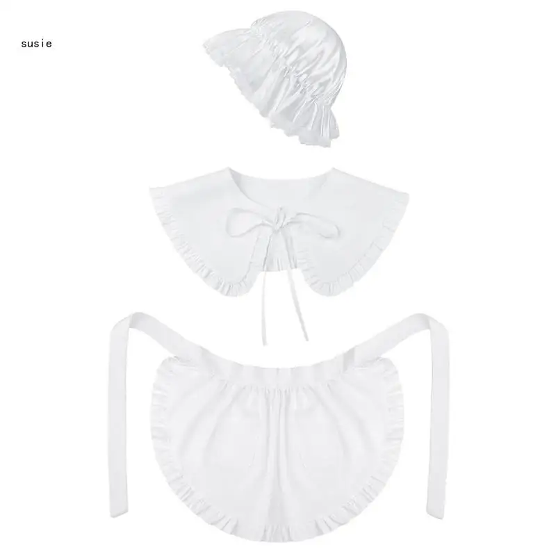 3 Pcs Colonial Costume Set White Mobs Caps Bonnet Shawl Waist Apron Maid Half Apron Pilgrim Costume Accessories for Women X7YA