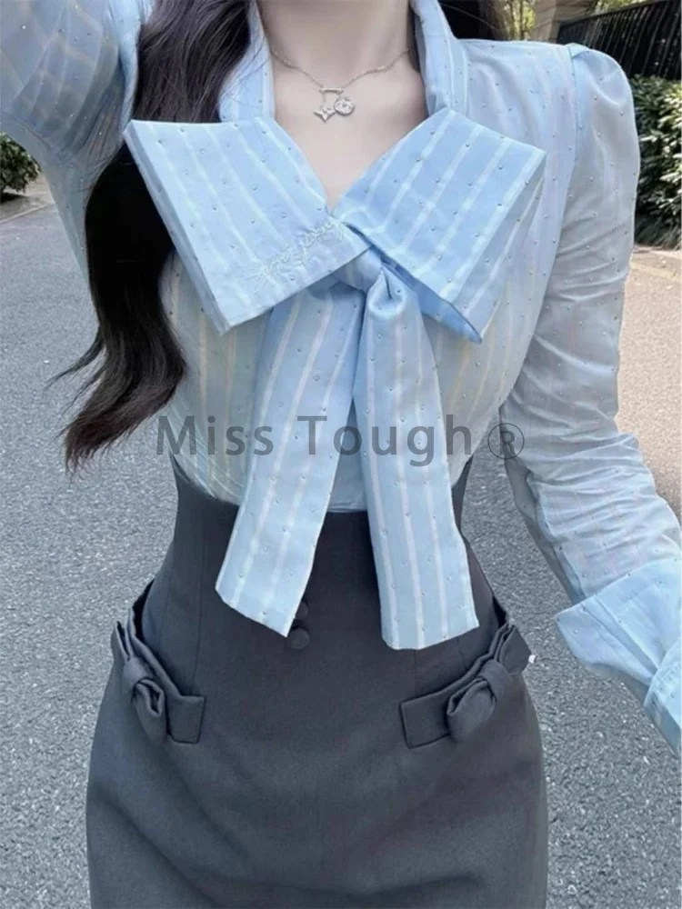 Autumn Casual Elegant Bow 2-piece Set Women High Street Sweet Long Sleeve Slim Lace Up Shirt + High Waist Thin Short Skirt Suit