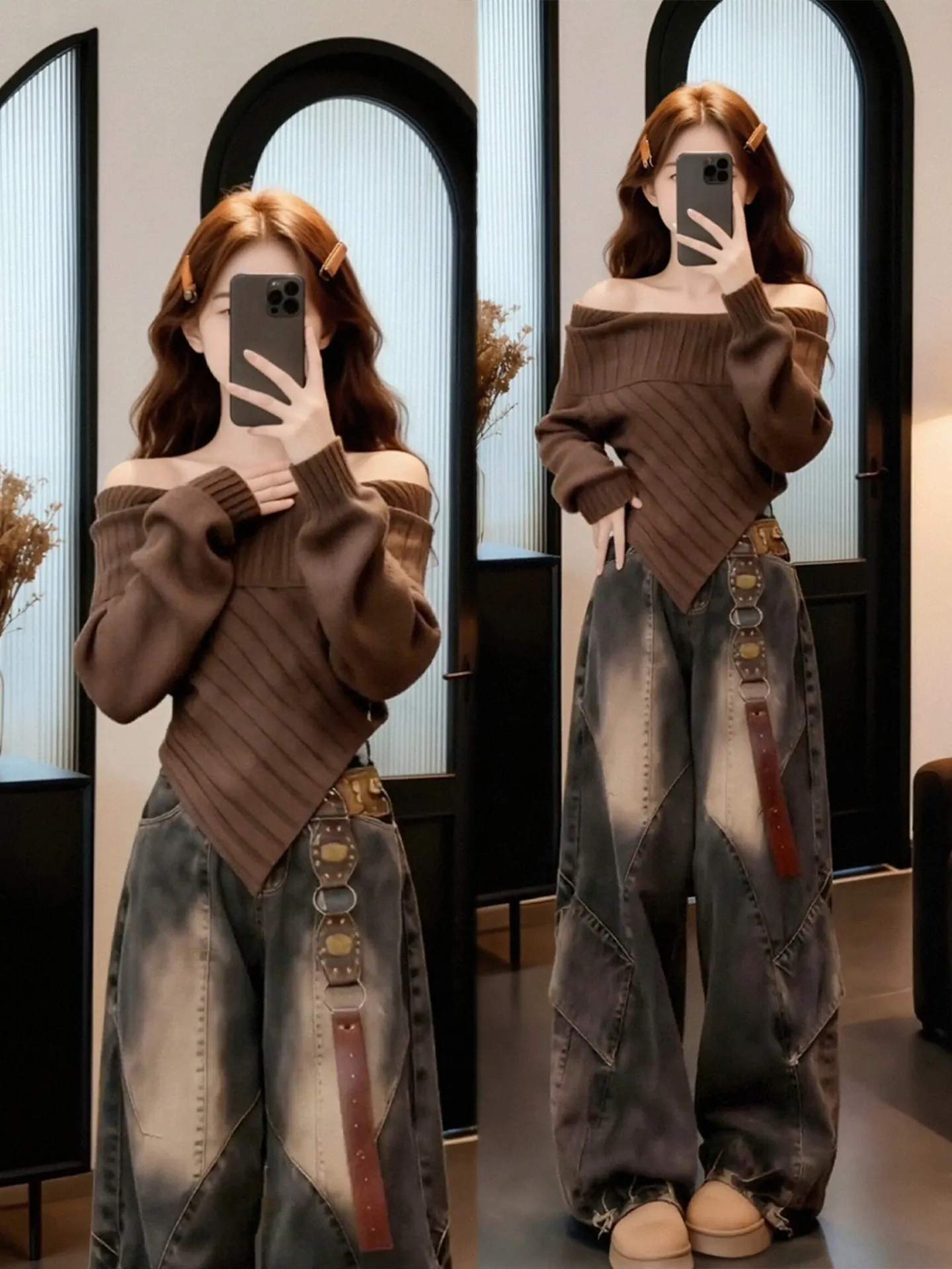 

plus Size Autumn Winter Knitwear And Jeans Set Women's One oulder Korean Sle Faionable High Waist Loose Fit Polyester