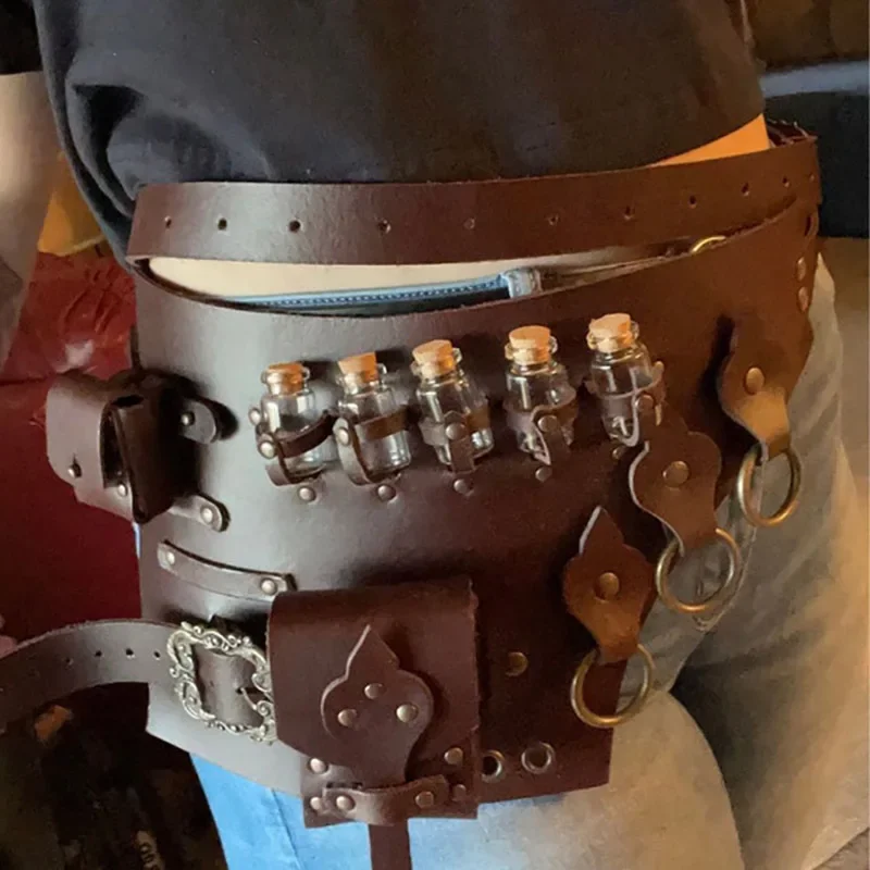 Medieval Alchemist Leather Utility Belt Bag Steampunk Waistbag Witch Healer Cosplay Costume Magic Potion Bottle Vial Pouch Larp