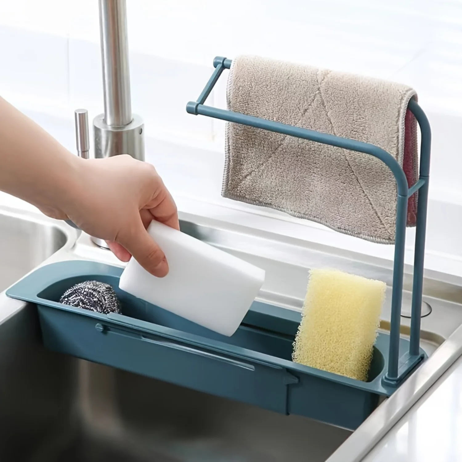 1pc Adjustable Sink Drainer Rack - Space-Saving Extendable  Basket with Built-in Dishcloth Holder for Kitchen and Bathroom Count