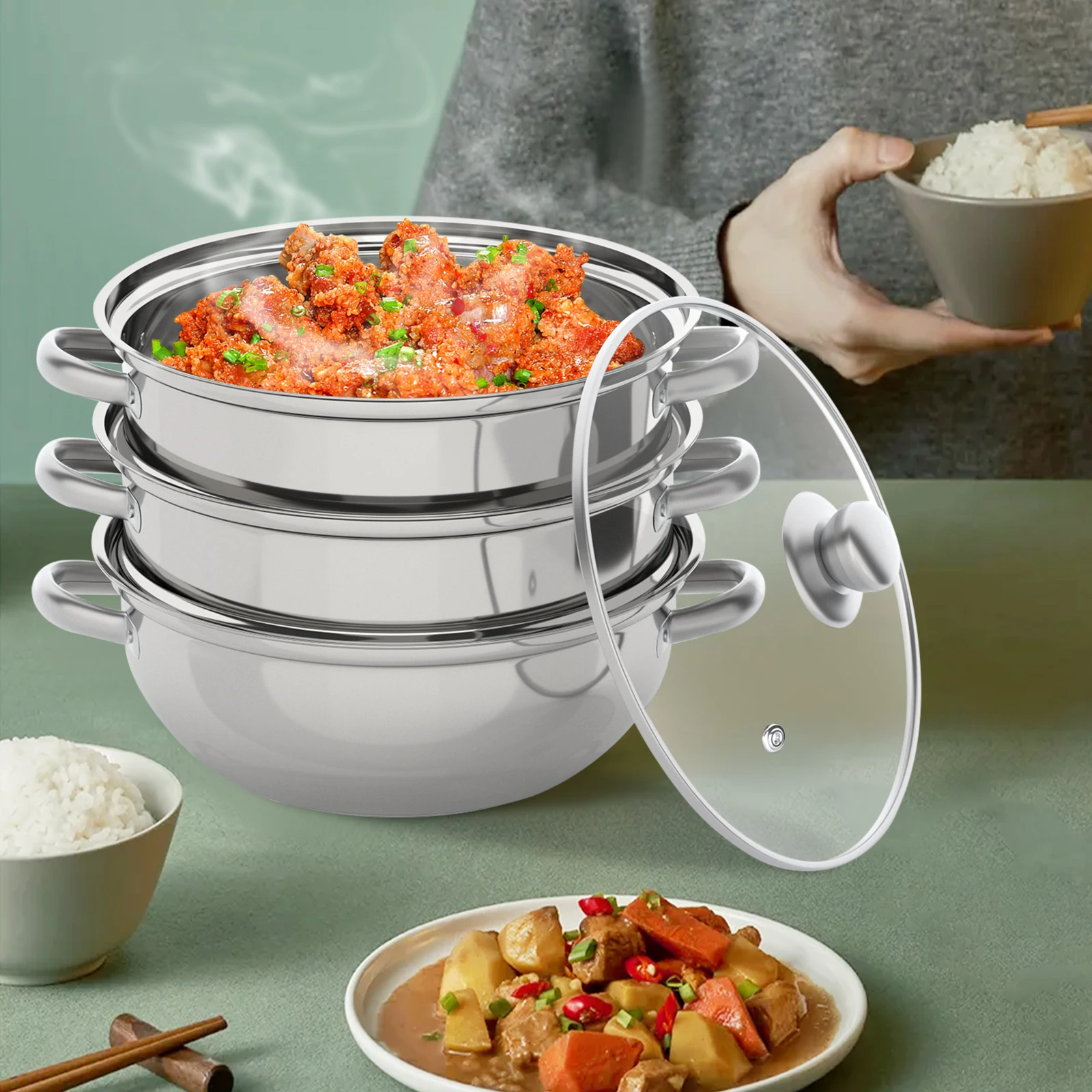 

3-уровневая пароварка из нержавеющей стали, горячая кастрюля, пароварка, безопасная для посудомоечной машины, стеклянная крышка, прочный и универсальный кухонный инструмент для приготовления пищи