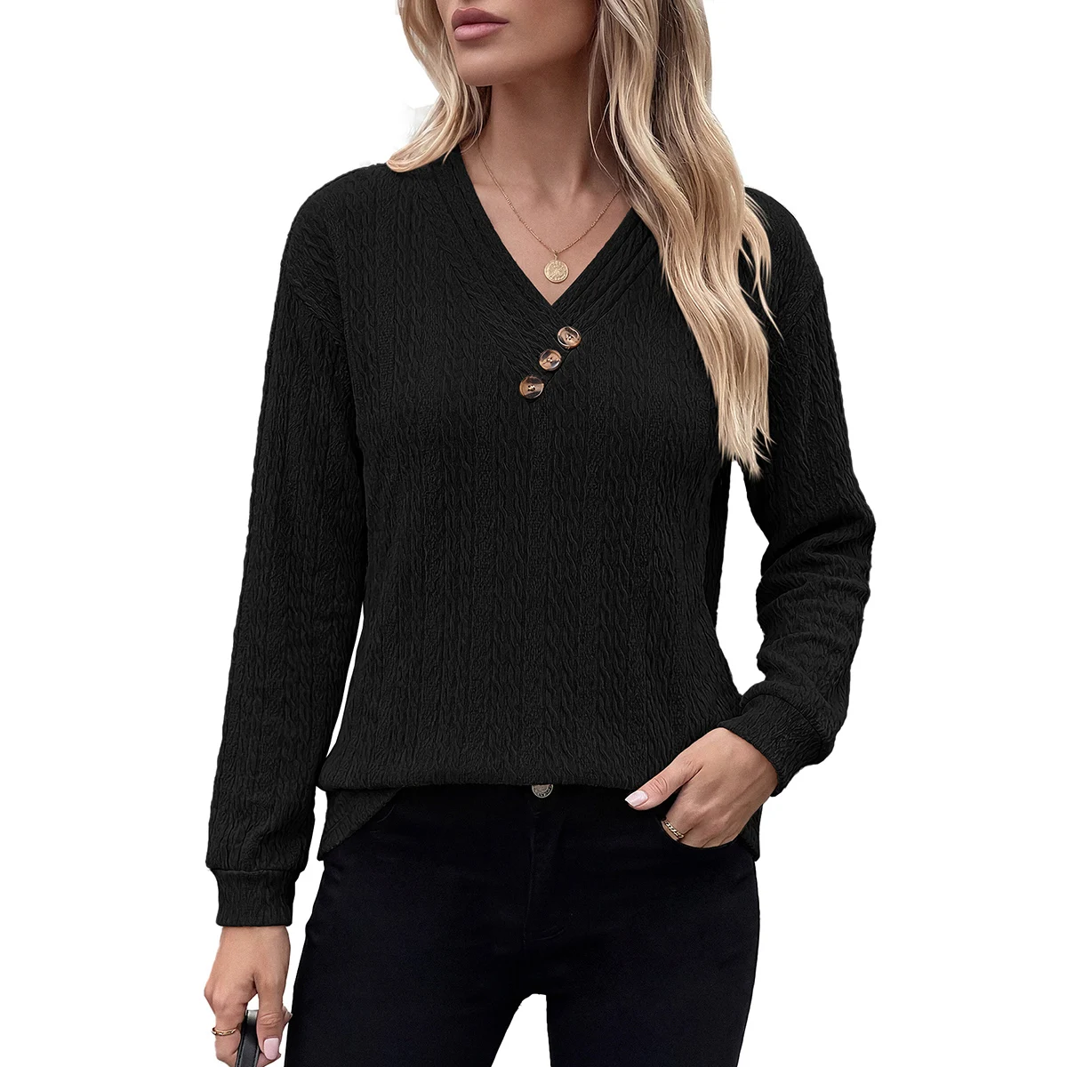 Women's Fashion Solid Color V-neck Button Down Loose Long Sleeved Tops Vertical Stripe Decoration Design