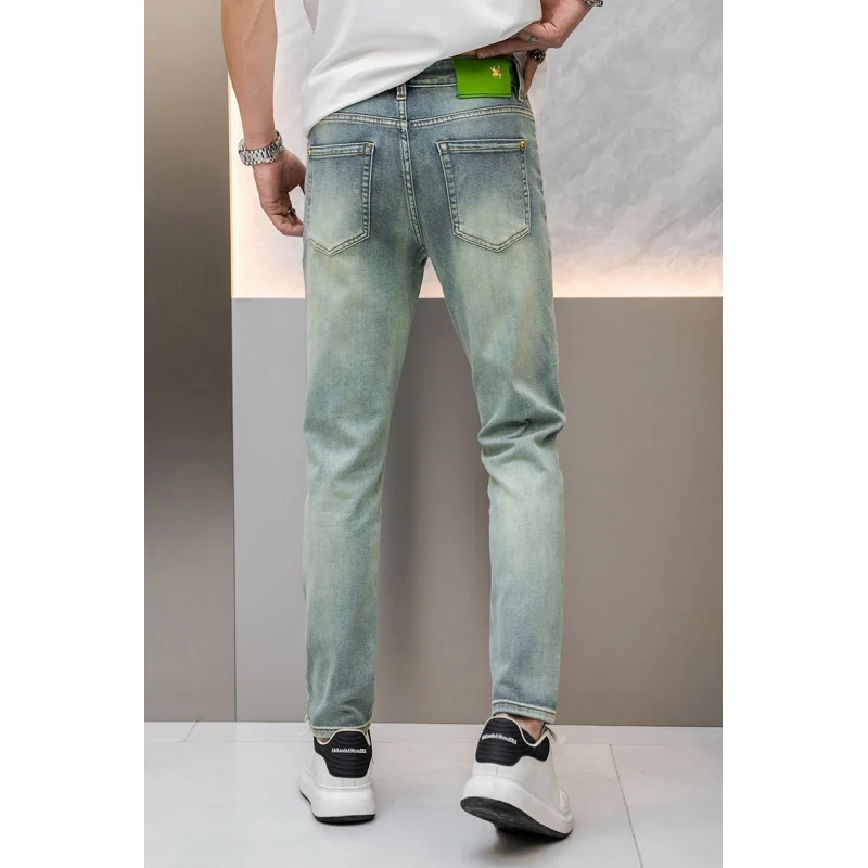 2024 retro blue green high-end jeans men's light luxury casual versatile Korean style slim-fitting small straight stretch long