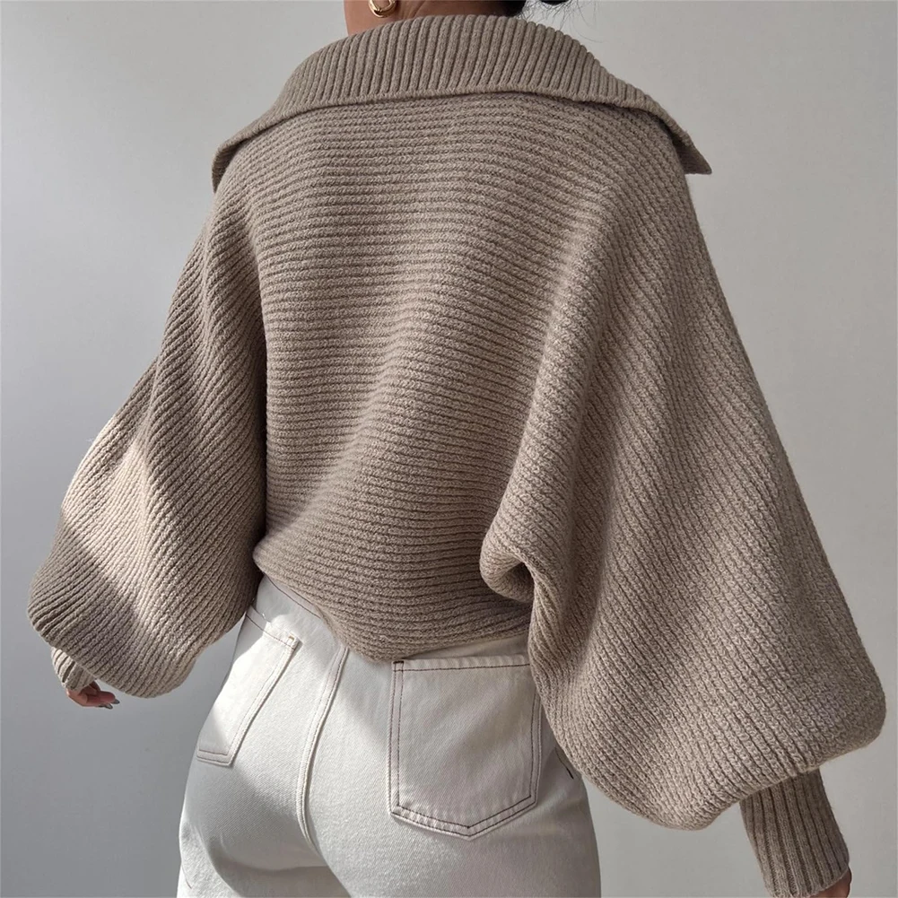Loose Fit Womens Solid Pullover Sweater Long Sleeve Casual Top with Lapel Design for Summer Vacation Beach Fitness Use