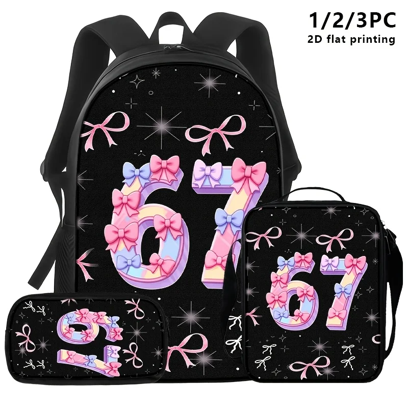1pc/2pcs/3pcs Black Backpack, Lunch Bag, and Pouch with Pink Bow & Number '67' 2D Print, Starry Background; Sweet, Glamorous