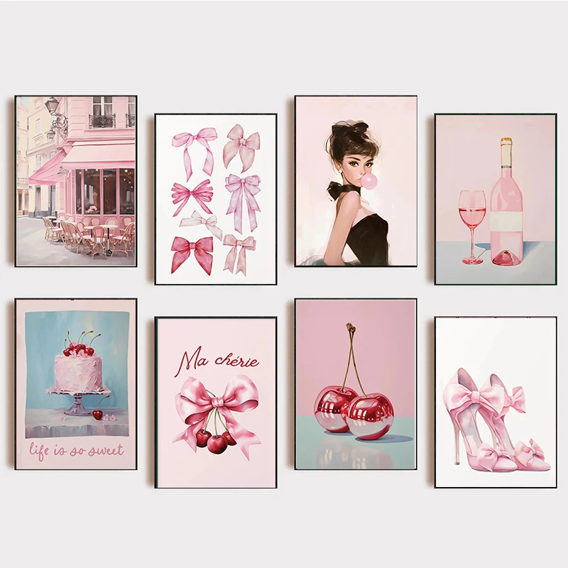 

Pink Bow Ballet Cherry Cake Retro Classic Fashion Posters Prints Canvas Painting Wall Art Picture Living Room Home Decor