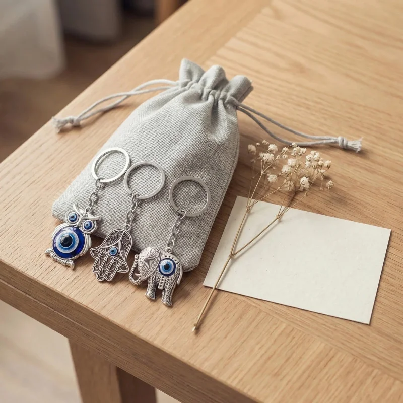 Good Luck Nazar Blue Eye Keychain Vintage Silver Owl Elephant Fatima Hand Pendant Keyring Talisman Jewelry Gift For Men Women