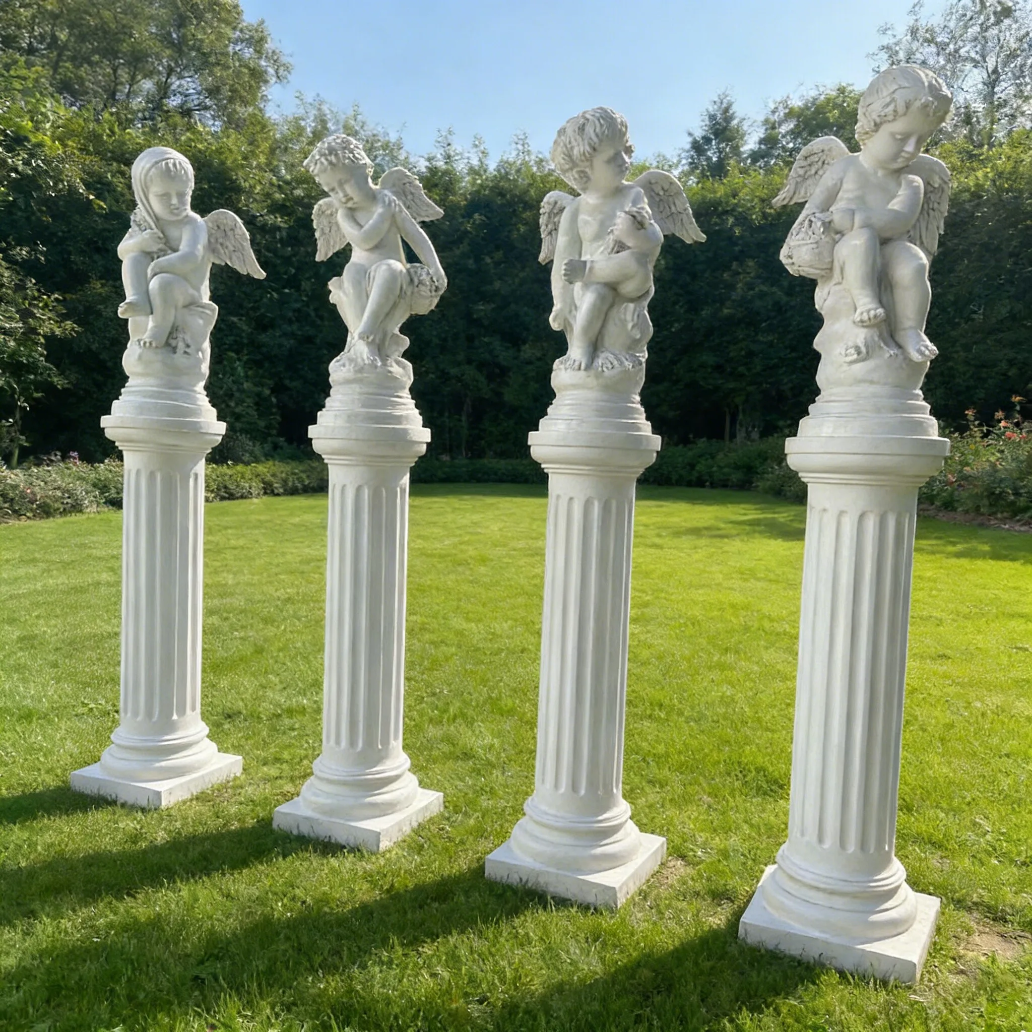 Hand Carved European Roman Pillar White Marble Fluted Columns With Cherub Angel Statues For Modern Villa Outdoor Decoration