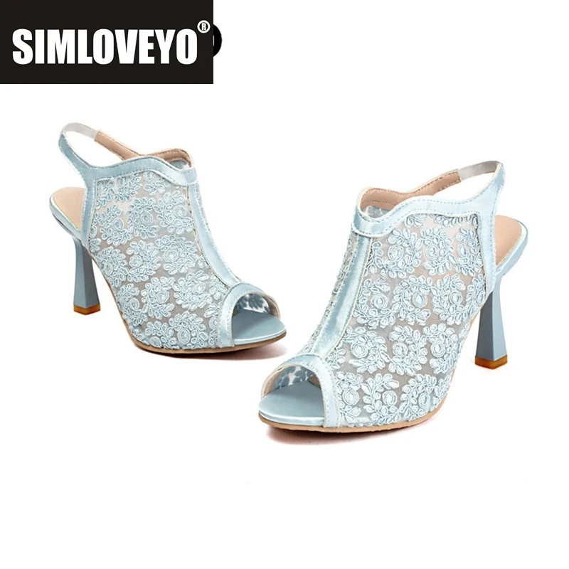 

SIMLOVEYO женские сандалии с сетчатой вышивкой и цветком, дышащие, с открытым носком, на шпильке 8,5 см, с ремешком, синий, бежевый, большой размер 46 US15