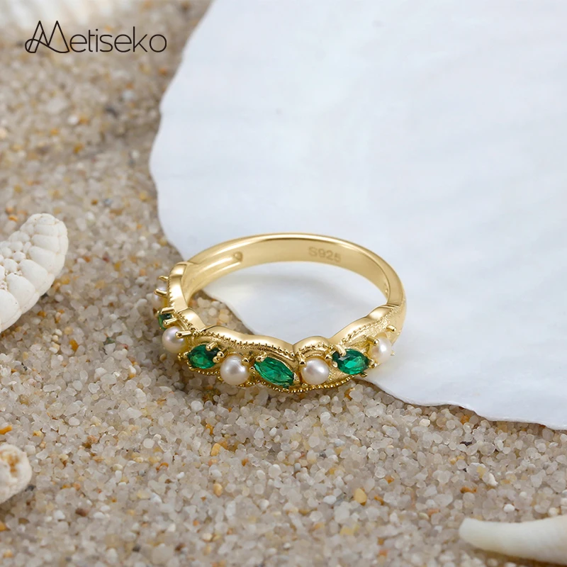 

Metiseko 925 Sterling Silver Plated 14K Gold Ring Natural Freshwater Pearls & Emerald Green Cubic Zirconia Ring Retro for Women