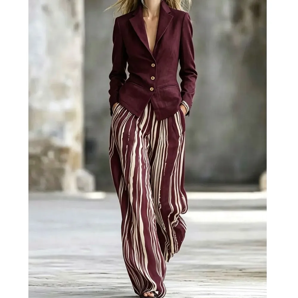 Commuting Style Long Pants Set Elegant Autumn Winter Versatile Single Breasted Long Sleeved Suit Jacket Long Pants Two-piece Set 5