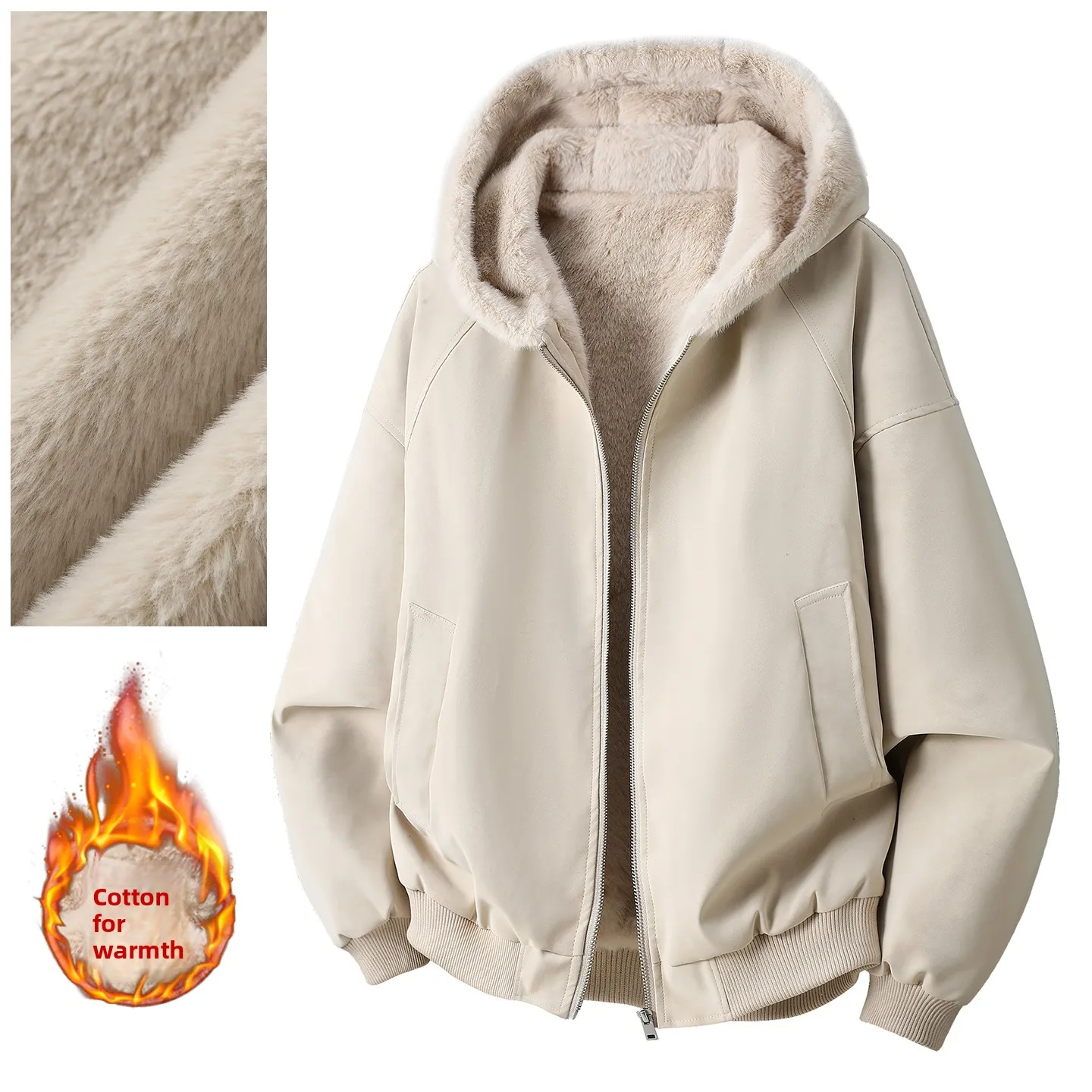 

2025 Winter New Men's Fleece Lined Thickened Hooded PU Leather Jacket Warm Casual Loose Fashion Outerwear Youth Zipper Closure