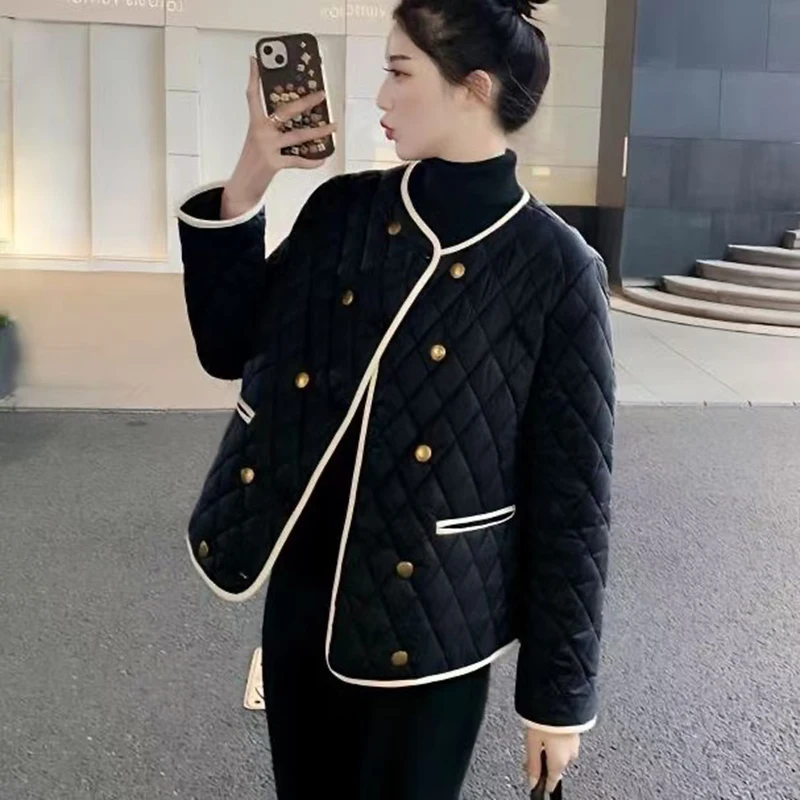Small Wind Light Down Cotton-Padded Jacket Women Short 2025 New Autumn Winter Overwear Rhombus Double-Breasted Cotton Coat Tide