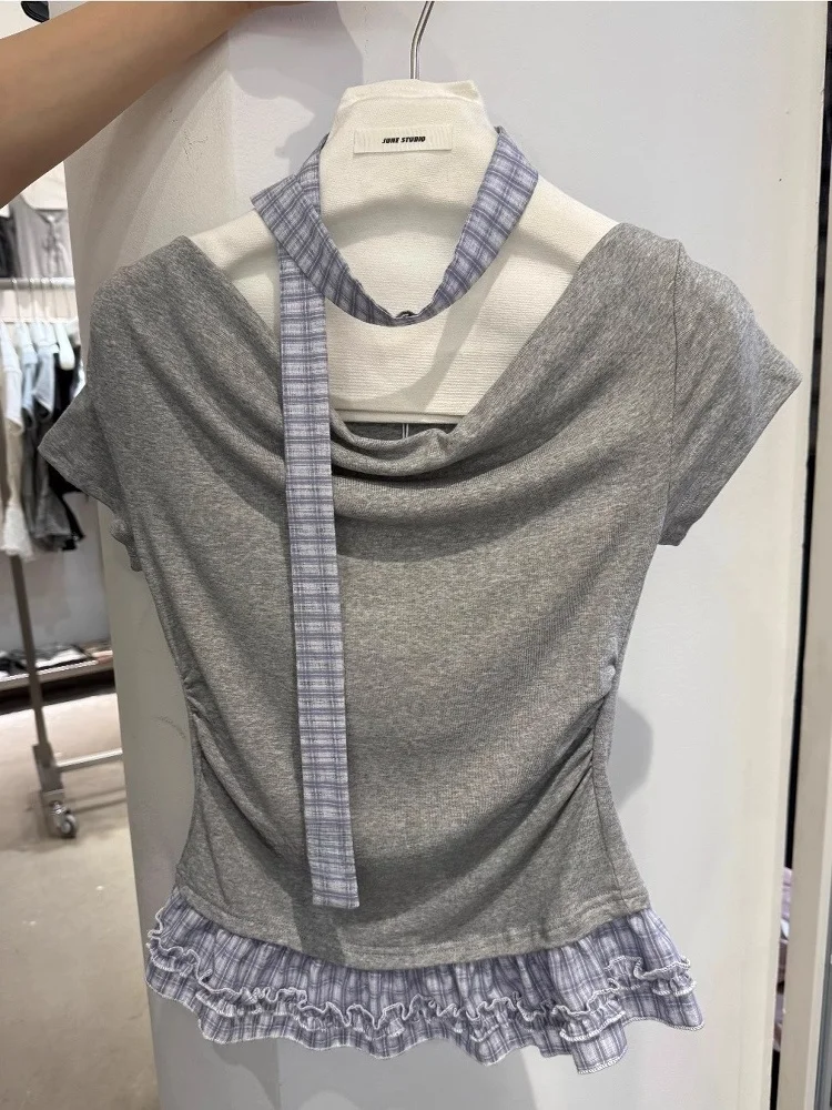 슬리밍 효과 6월 디자인 어깨 드레이프드 오르트 스웨트 티셔츠 여성 여름 신상 슬레 리본 니트 한국 버전 탑