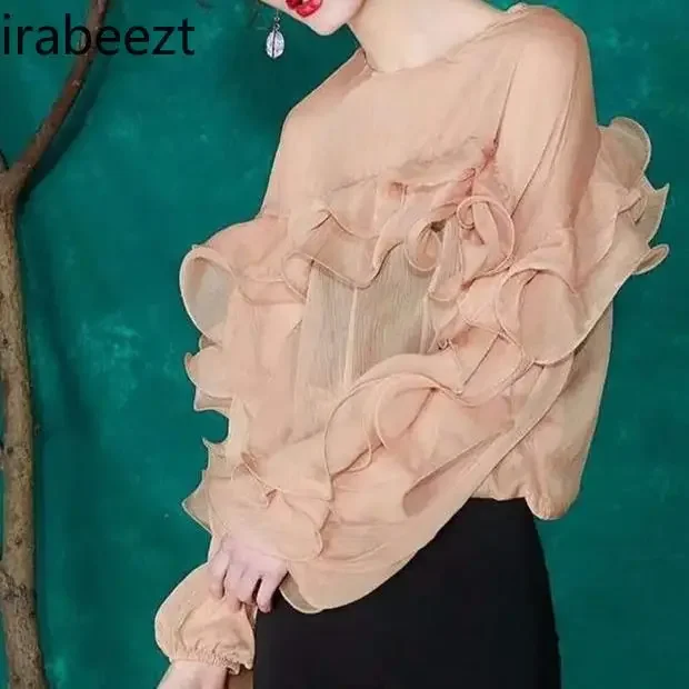 Spring and Summer New Foreign Style High-grade Short Ruffled Chiffon Shirt Super Fairy Round Neck Thin Loose Roupas Femininas