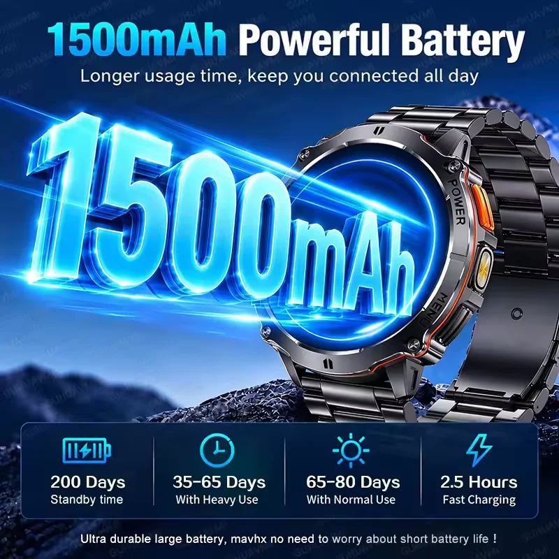 New Sapphire Screen Smart Watch Men Women AMOLED 1500mAh Metal Band GPS Path IP68 Waterproof Flashlight Luxury Sports Smartwatch