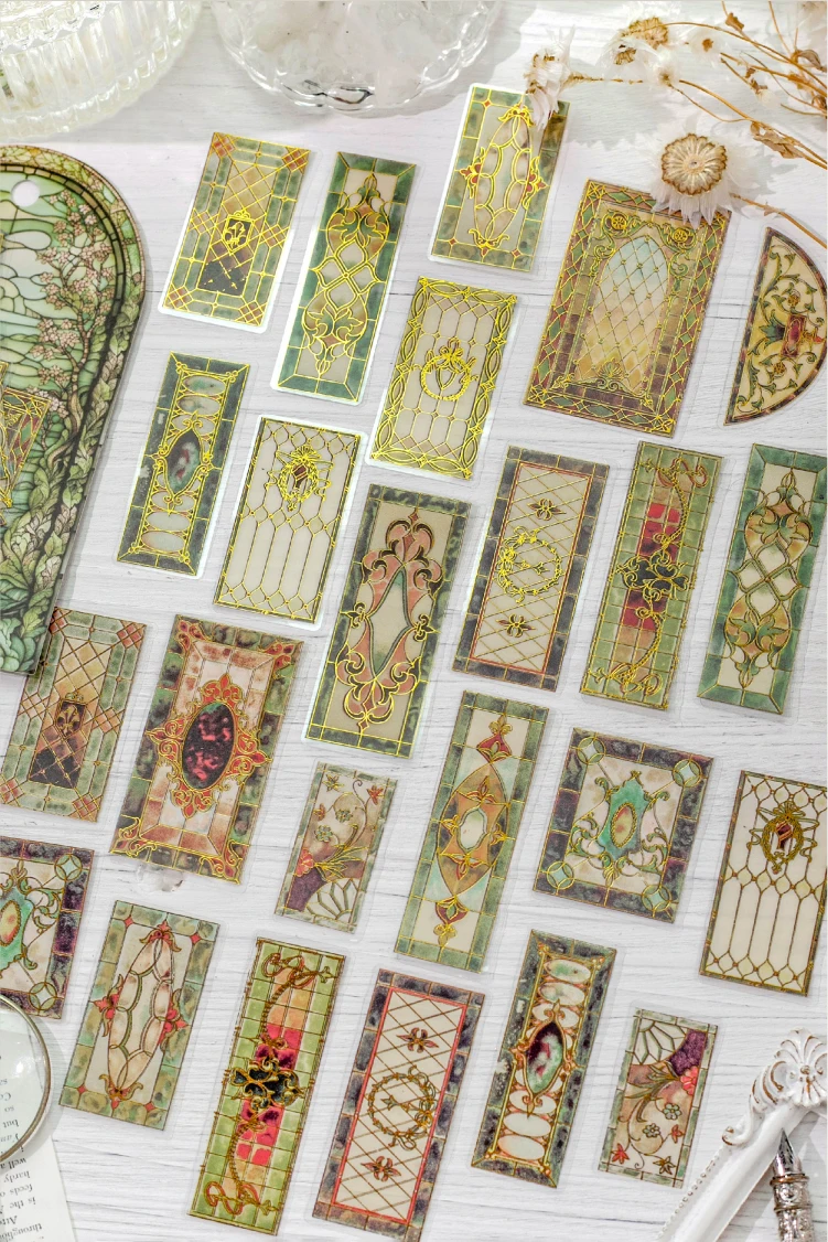 Journal GO 30 Stück Vintage wunderschöne florale Fliesen-Aufkleber mit Heißfolienprägung für Scrapbook-Karten, DIY, goldene geprägte Muster, Planer-Aufkleber – Detail 14