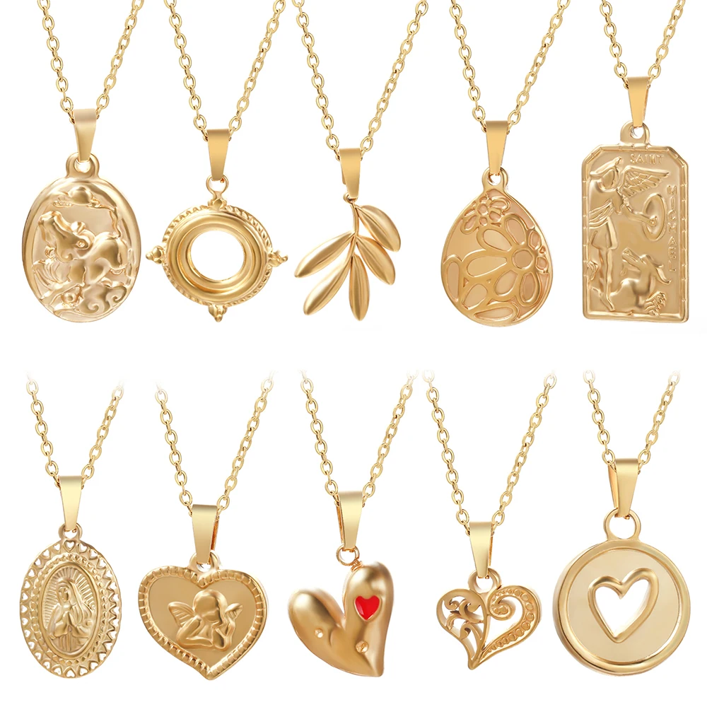Stainless Steel Golden Virgin Mary Pendant Necklace Women Saint Michael Angel Cupid Heart Olive Leaf Vintage Religious Jewelry