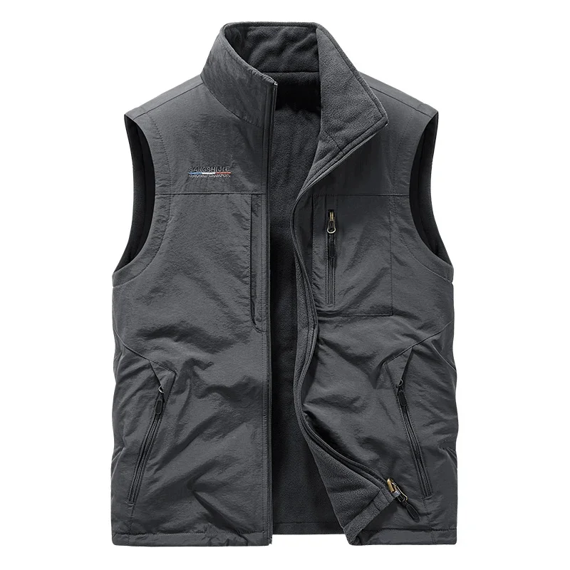 Autumn Winter Double-sided Vest Men Plush Thicken Warm Fleece Tank Top Outdoor Hiking Climbing Fishing Sleeveless Jacket Male