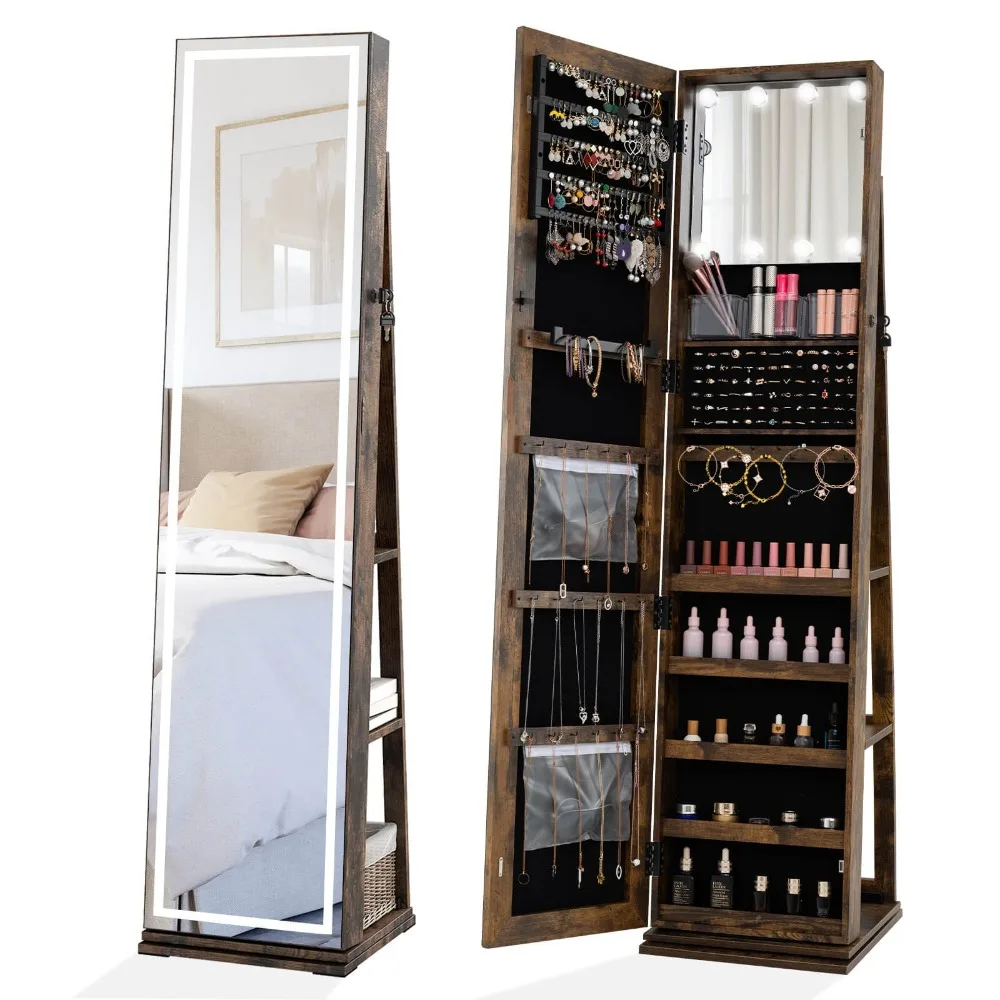 

360 ° Поворотный шкаф для ювелирных изделий с подсветкой, зеркалом в полный рост и задними полками, подсветкой