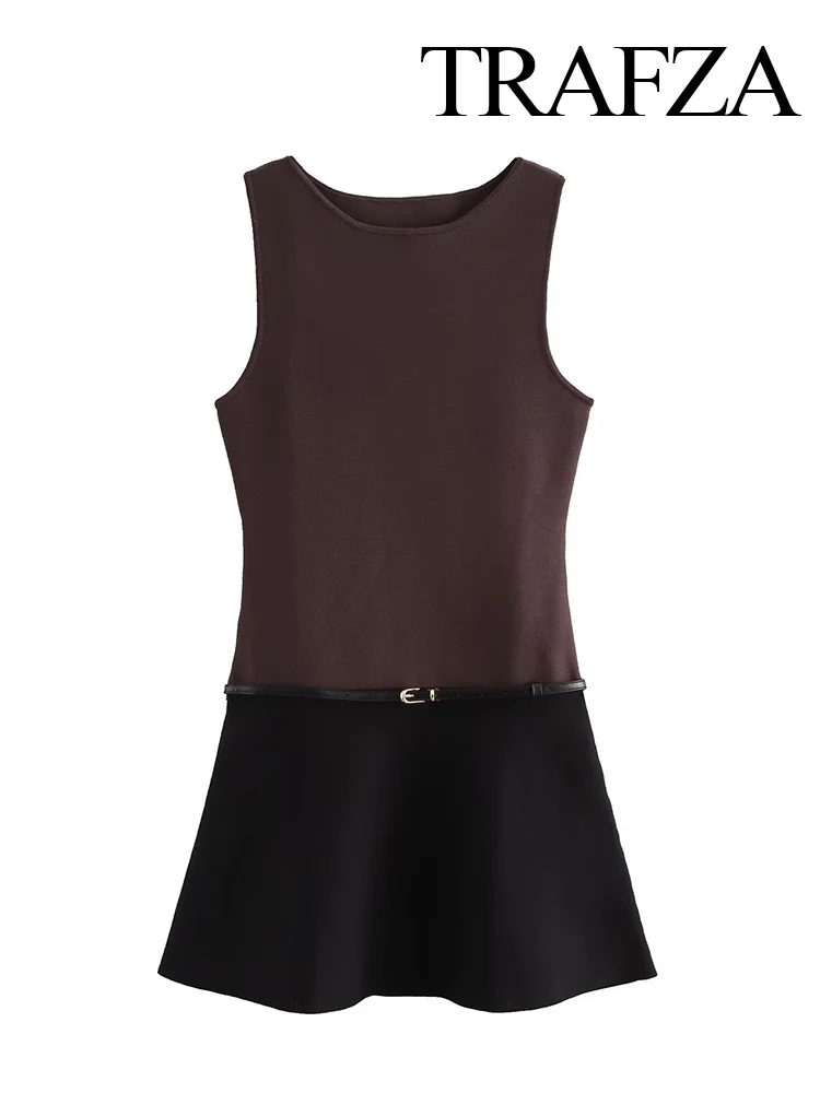 

TRAFZA женская новая стильная трикотажная мини-юбка без рукавов с поясом и круглым вырезом женское элегантное облегающее лоскутное повседневное платье на молнии