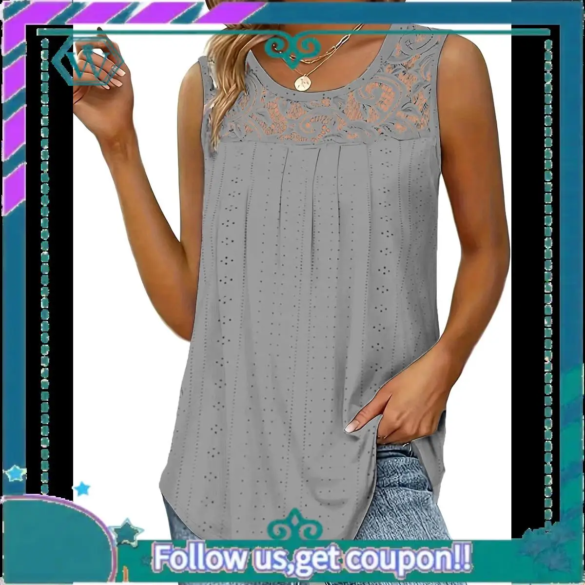 A09P Sommer-Tanktops für Damen, lockere Passform, plissierte Tuniken, U-Ausschnitt, ärmellose Spitzen-Tops, abgerundeter Saum, fließend