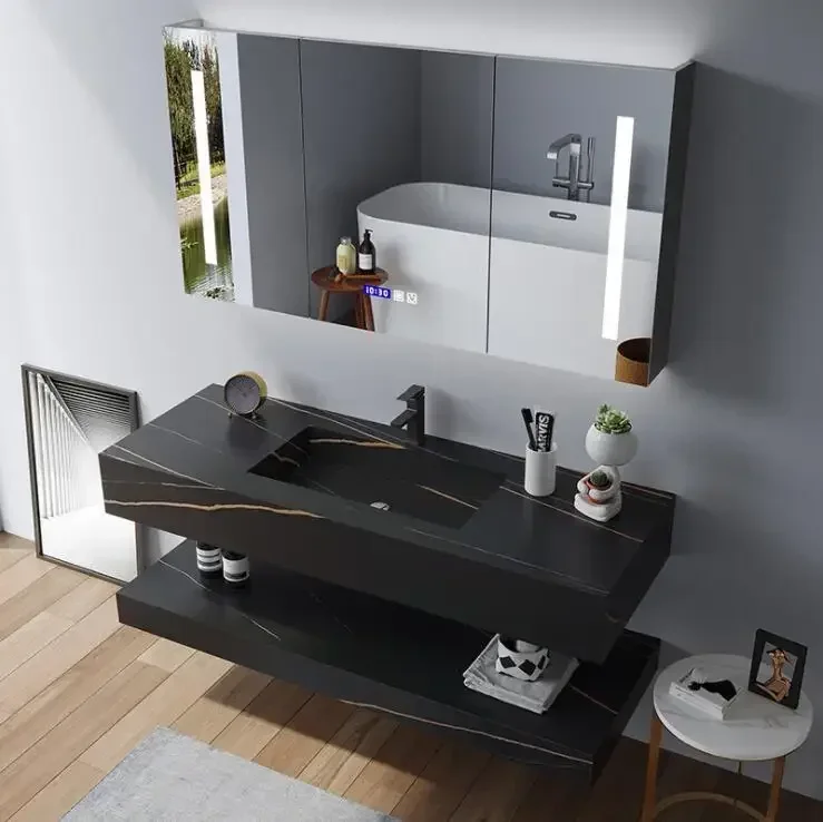 Modern Double Layers Wall Mount Wash Basin Cabinet Black Rock Slate Marble Sink Floating Bathroom Vanity