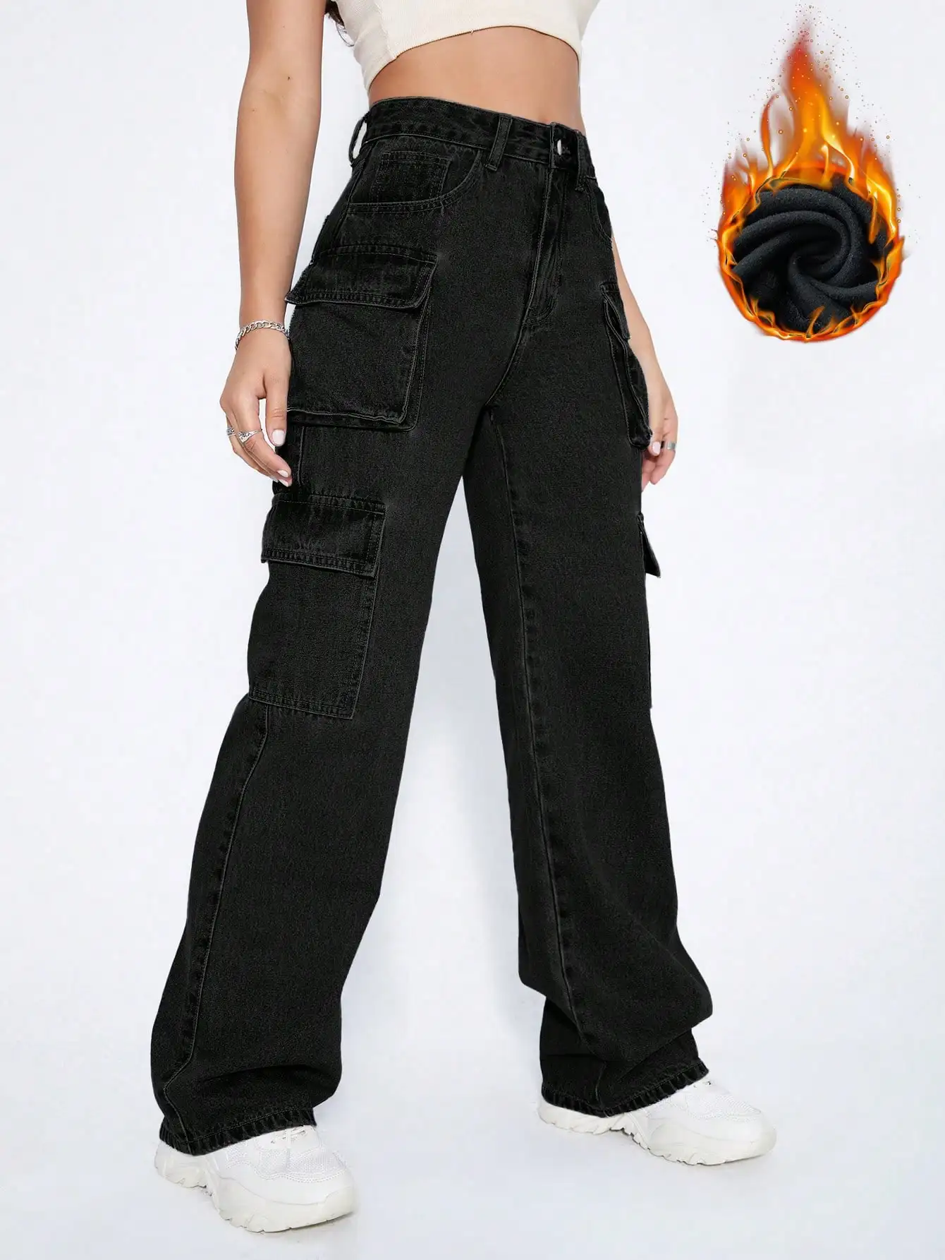 

Джинсы карго Y2K черного цвета с высокой талией и накладными карманами, утепленные, из плотного денима, для женщин