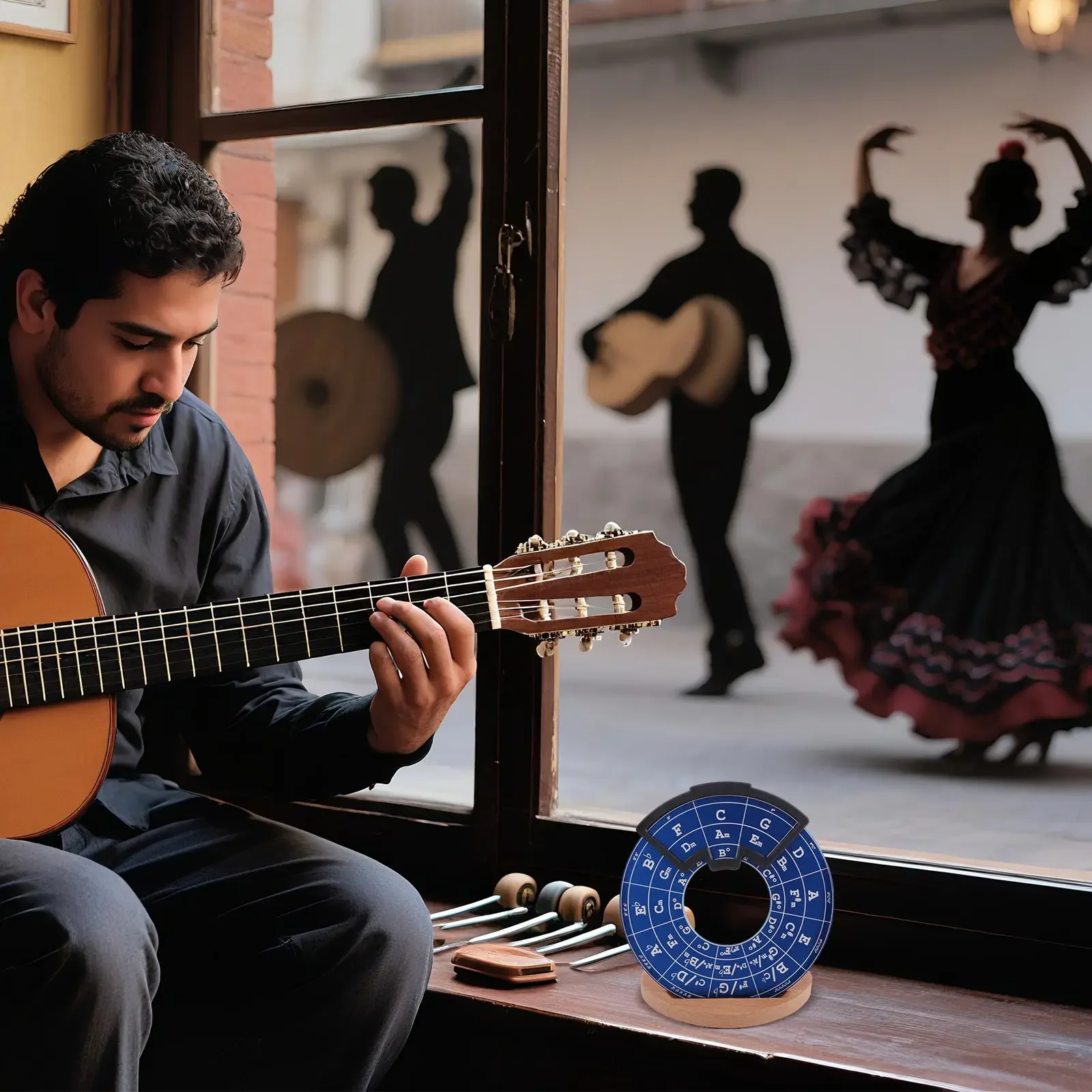 Draagbare muziektheorisieschijf met draagtas - Circle of Fifths Metal Tool met houten basis, akkoordtoonreferentie voor alle instrumenten