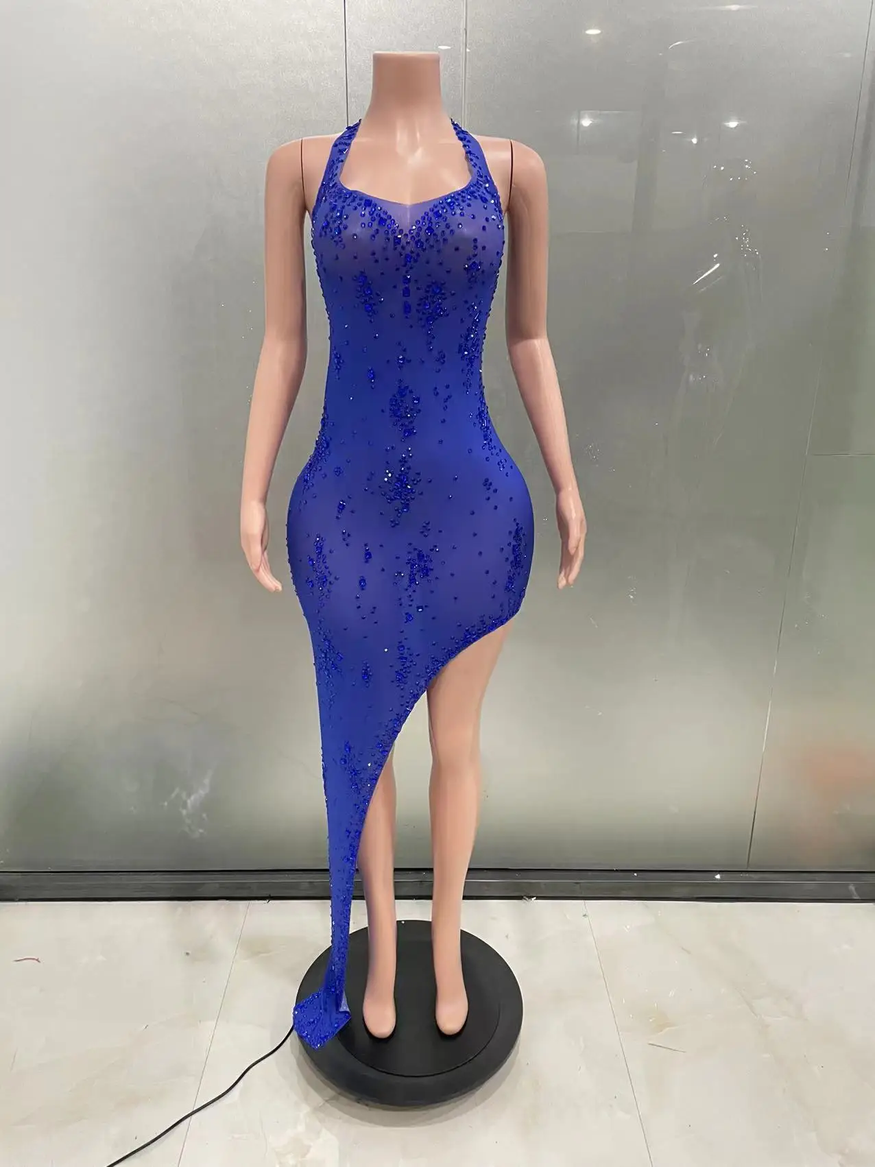 STOCK Birthday Celebrate Party Shining Rhinestones Sexy One shoulder Cultivation Dress Party Evening Gown Singer Stage Costume