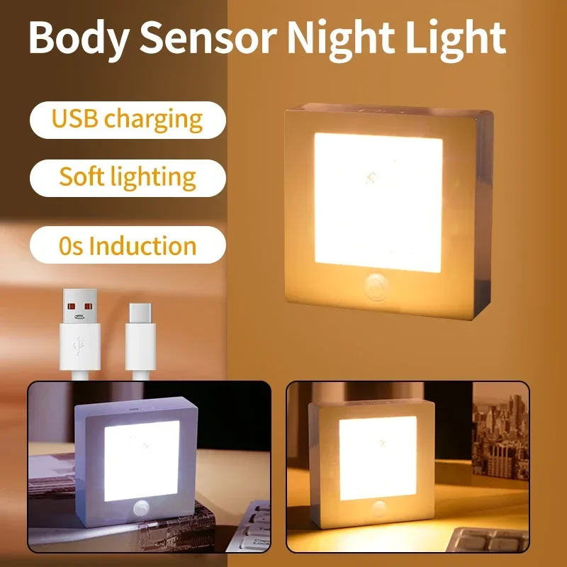 

Wireless Sensor LED Night Light USB Rechargeable Mini Square Night Lamp For Kids Room Cabinet Bedroom Corridor Lighting Lamp
