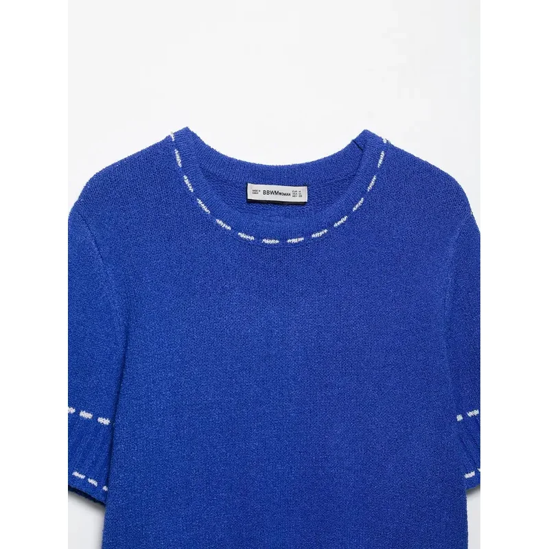 Ladies Commuter Style Knitted Ribbed Top Casual Blue Short Sleeve round Neck Pullover Fashion Female New
