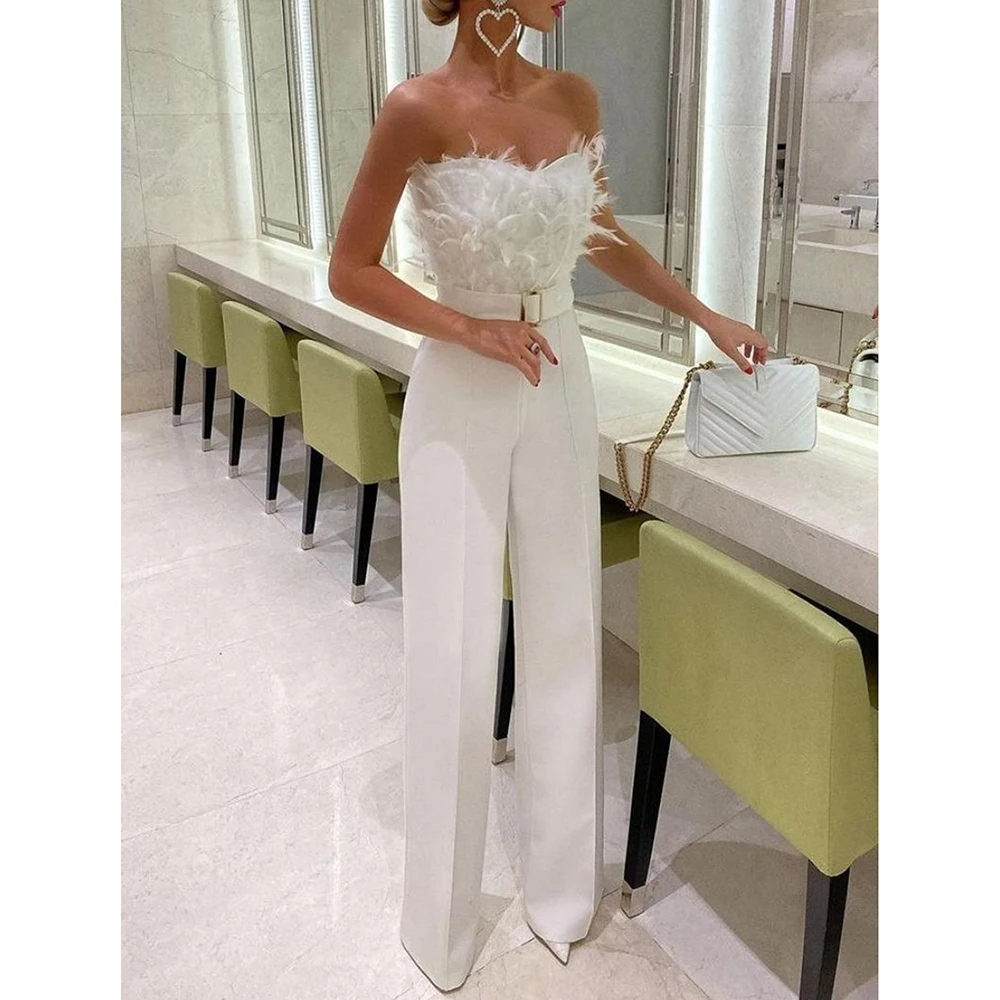 Jumpsuit for Women Fashion Solid Long Jumpsuit Sexy Feather Strapless Slash Neck Evening  Party Jumpsuits Elegant Lady Jumpsuit