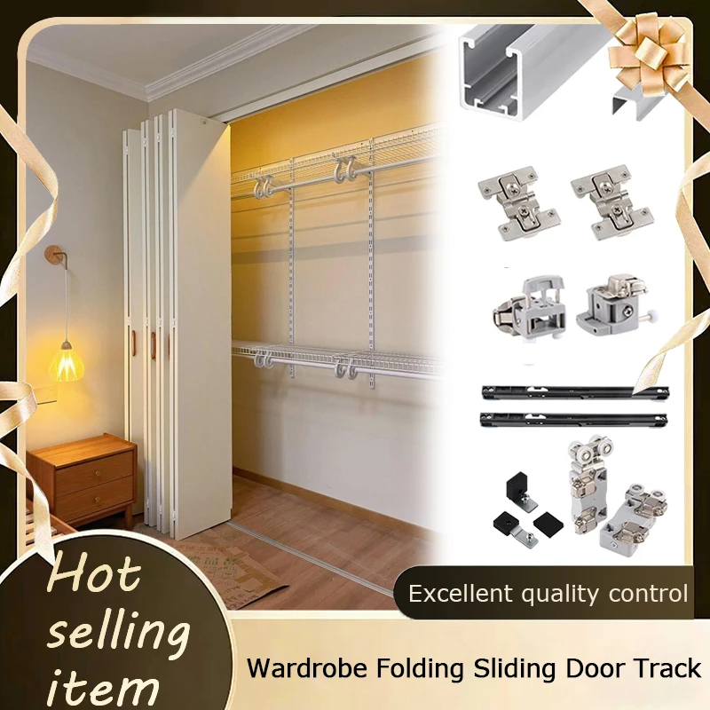Japanese Style Metal Wardrobe Folding Sliding Door Track Hanging Rail System Complete Hardware Kit With Wheels For Closet Door